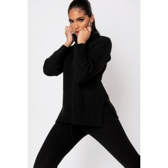 Black Knitted Long Sleeve Turtle Neck Sweater Top and Leggings Two Piece Set - Picture 3 of 8